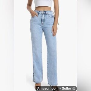 NWT Guaile High Waisted Stretchy Straight Leg Jeans Split Hem Light Blue 2
